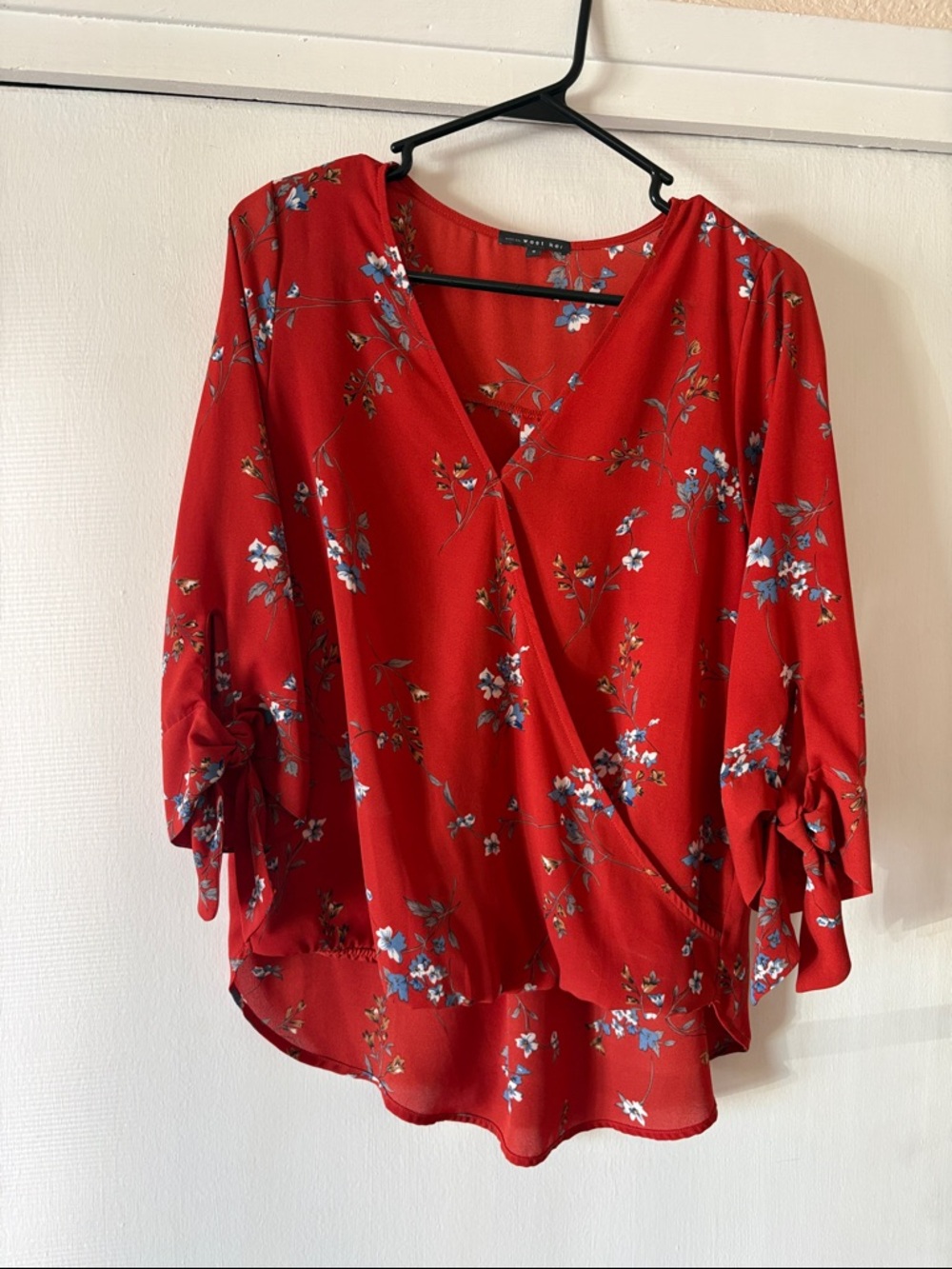 West Kei Red Floral Wrap-Front Blouse with Tie Sleeves